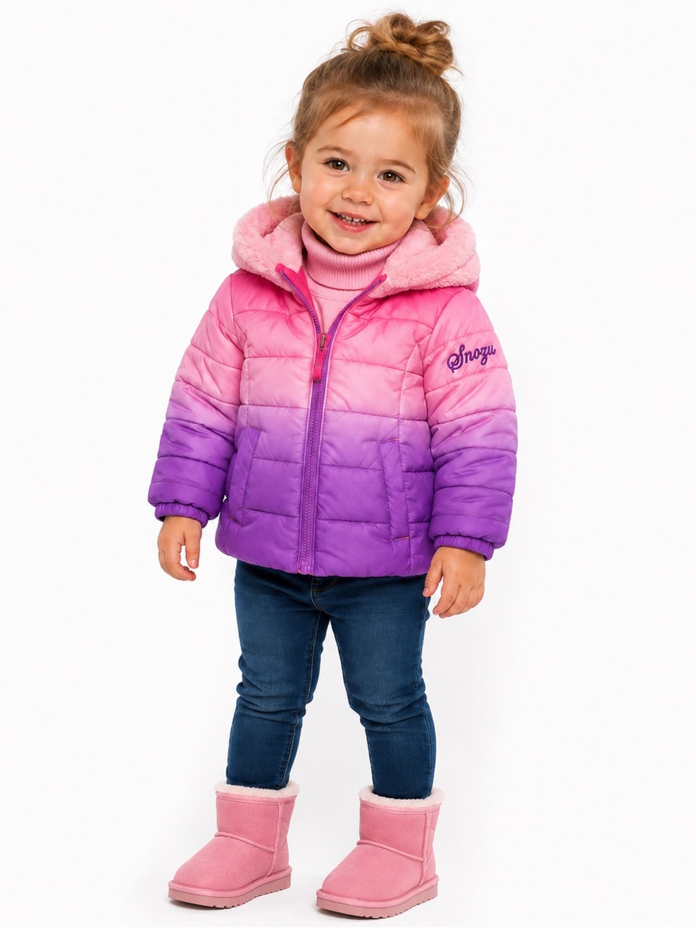 Snozu Pink to Purple Ombre Puffer Jacket with Faux-Fur Hood- 2T